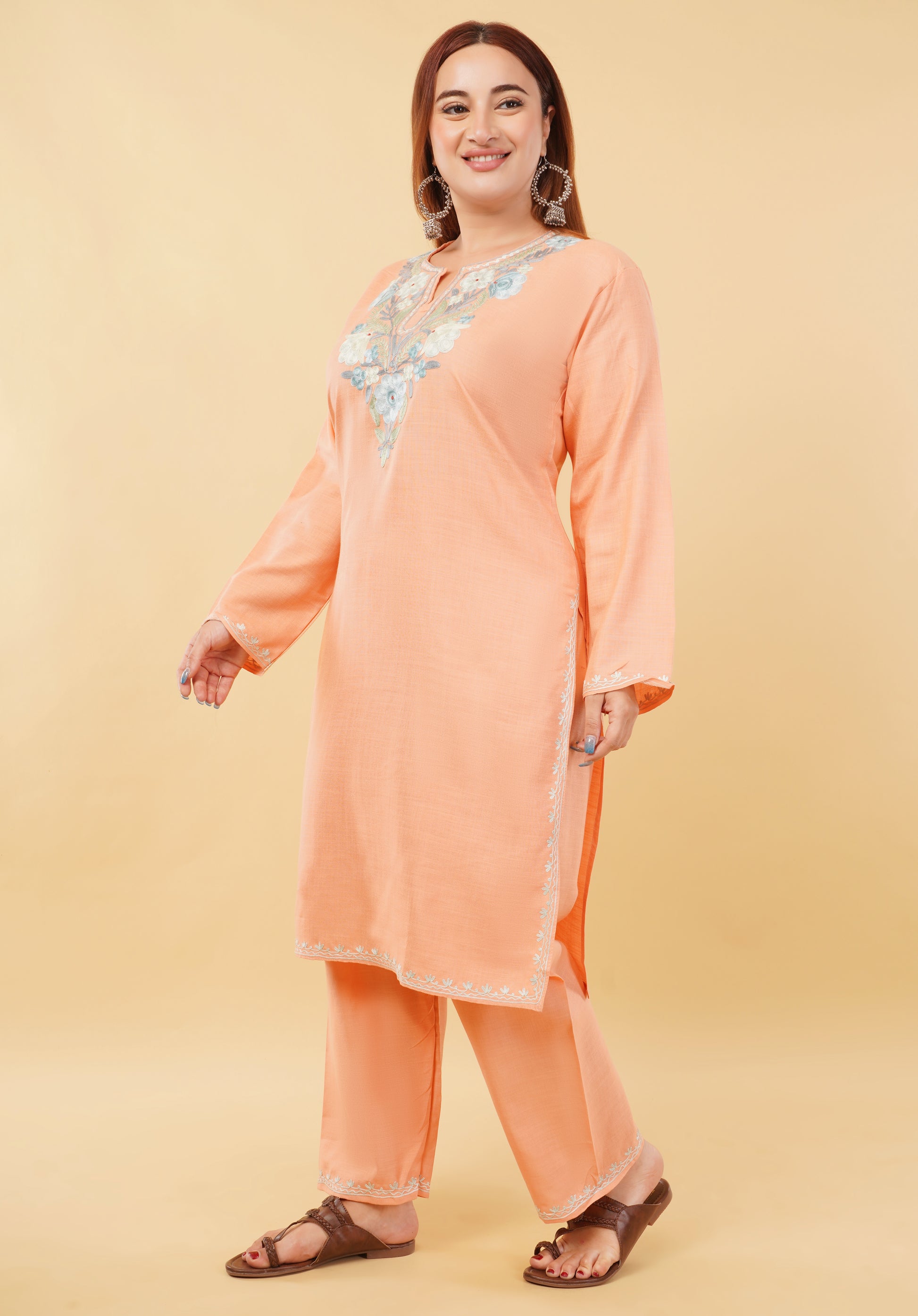 Kashmiri Aari embroidery Cotton Co-ord set Size-46 (Peach)
