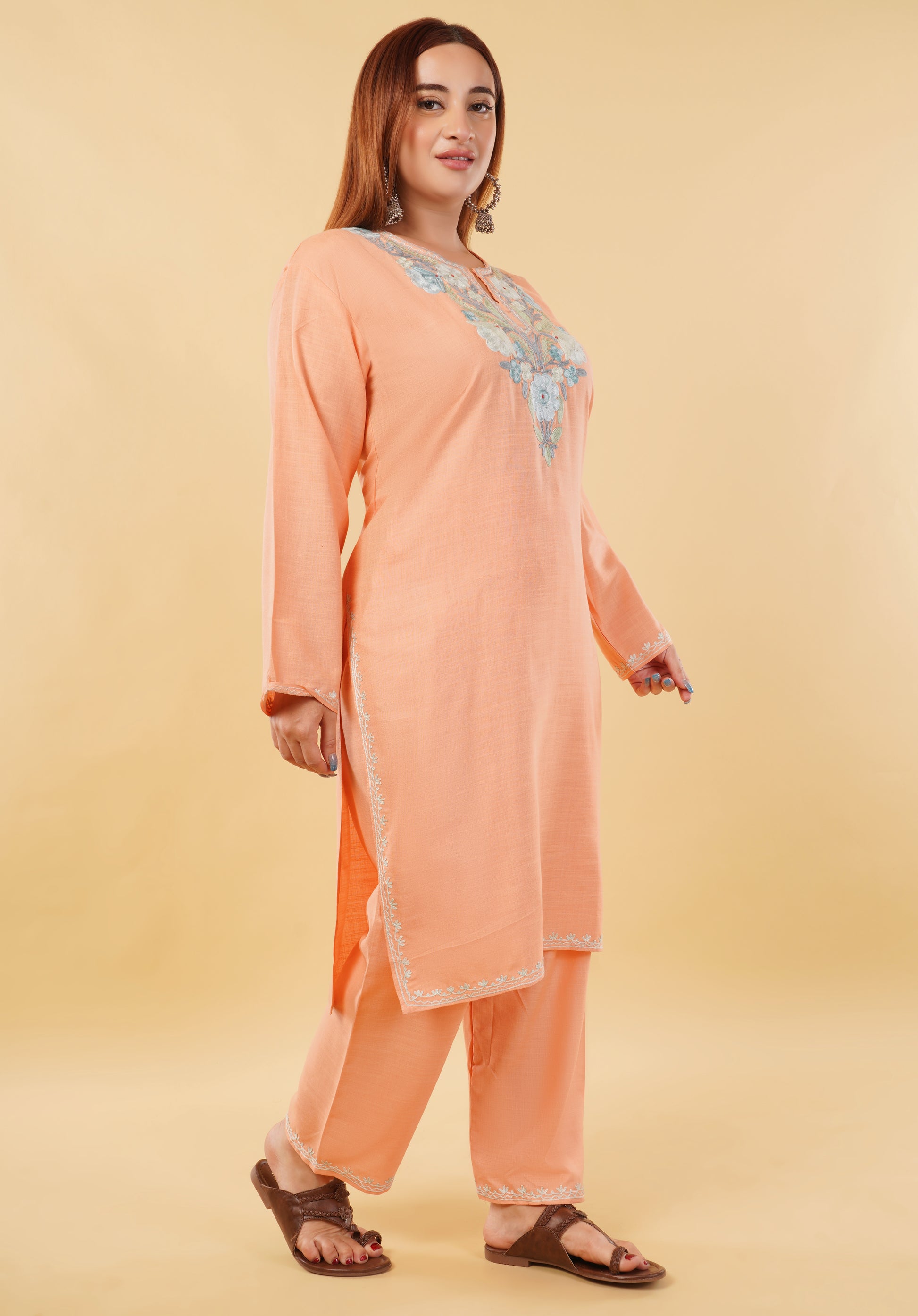 Kashmiri Aari embroidery Cotton Co-ord set Size-46 (Peach)