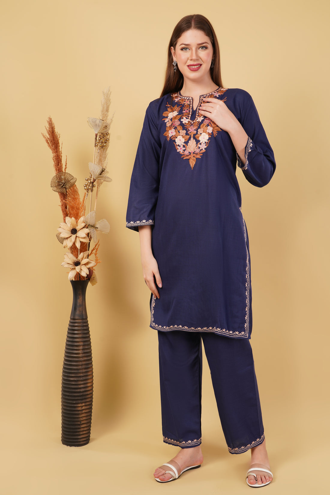 Kashmiri Aari embroidery Cotton Co-ord set Size-42 (Navy Blue)