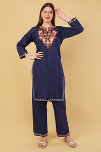 Kashmiri Aari embroidery Cotton Co-ord set Size-42 (Navy Blue)