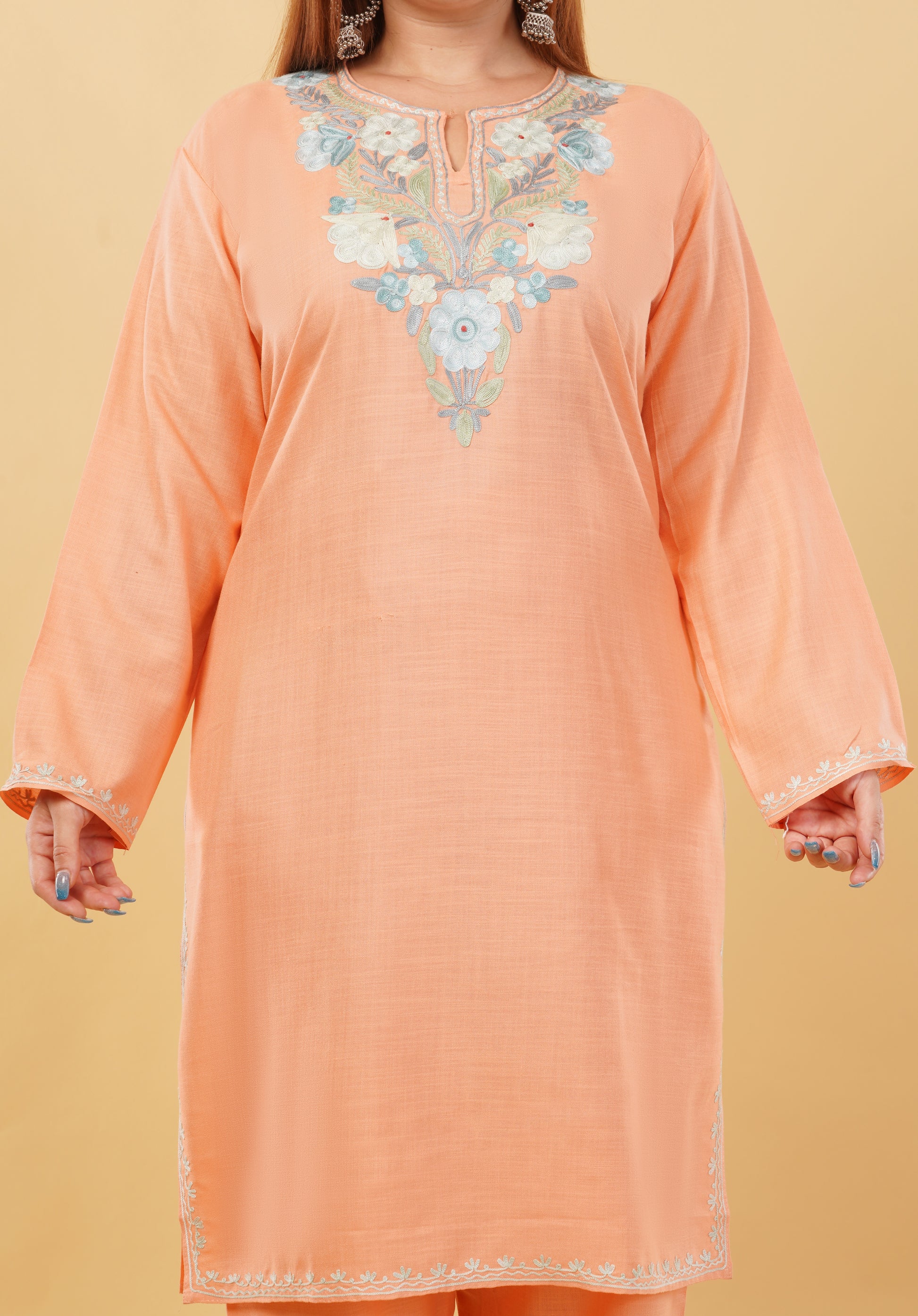 Kashmiri Aari embroidery Cotton Co-ord set Size-46 (Peach)