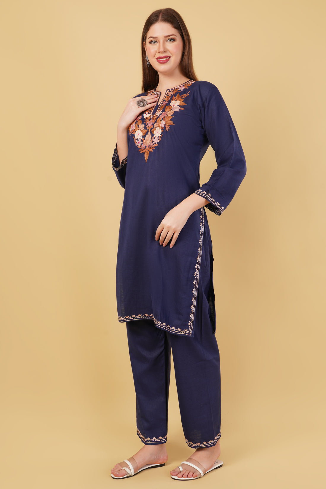 Kashmiri Aari embroidery Cotton Co-ord set Size-42 (Navy Blue)