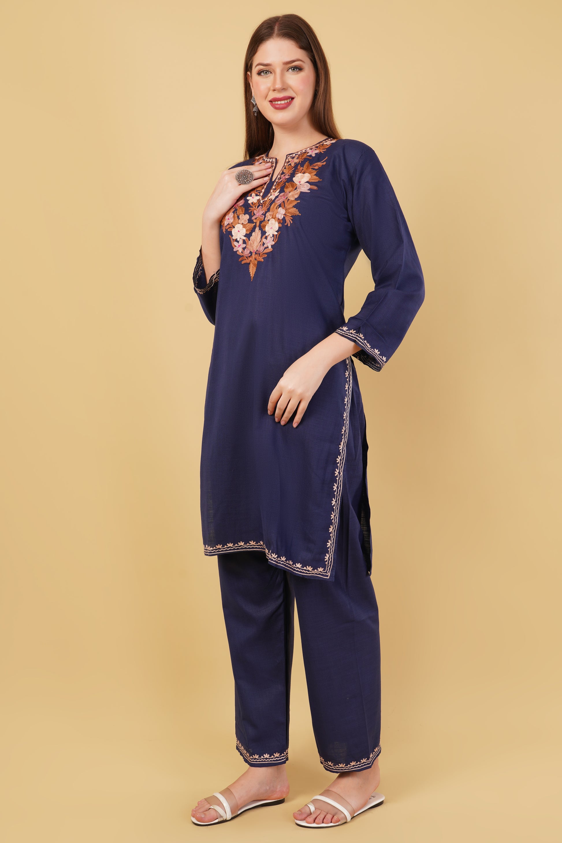 Kashmiri Aari embroidery Cotton Co-ord set Size-42 (Navy Blue)