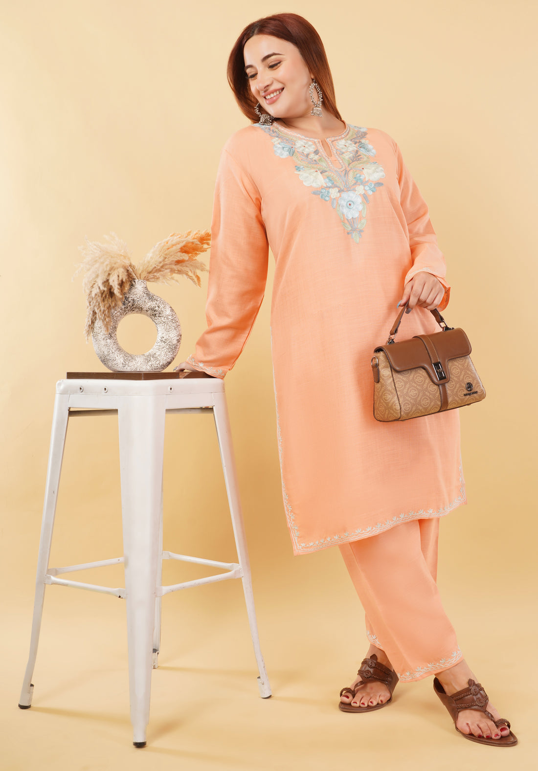 Kashmiri Aari embroidery Cotton Co-ord set Size-46 (Peach)
