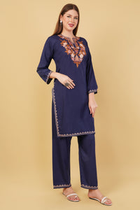 Kashmiri Aari embroidery Cotton Co-ord set Size-42 (Navy Blue)