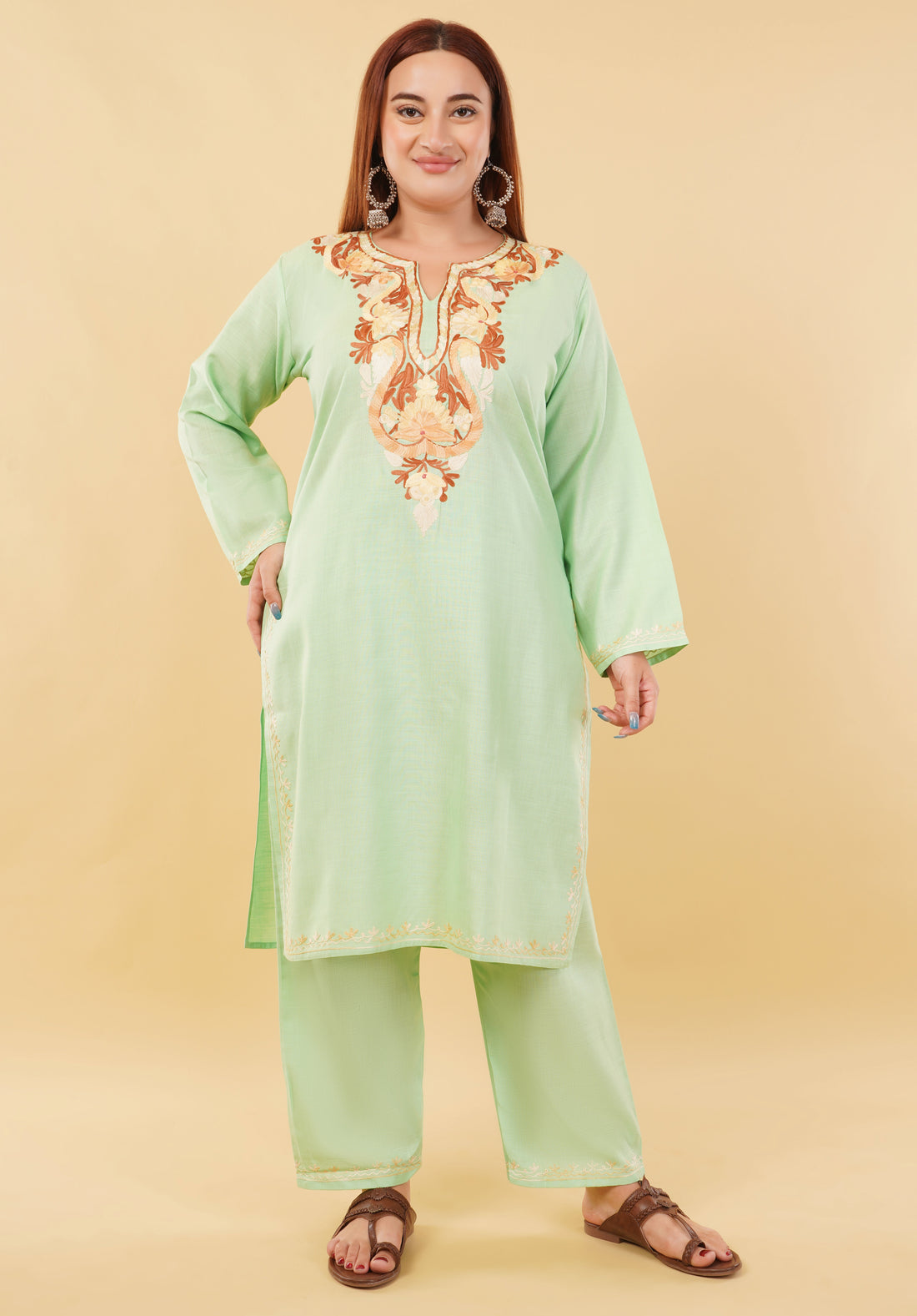Kashmiri Aari embroidery Cotton Co-ord set Size-46 (Green)