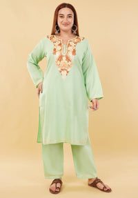 Kashmiri Aari embroidery Cotton Co-ord set Size-46 (Green)