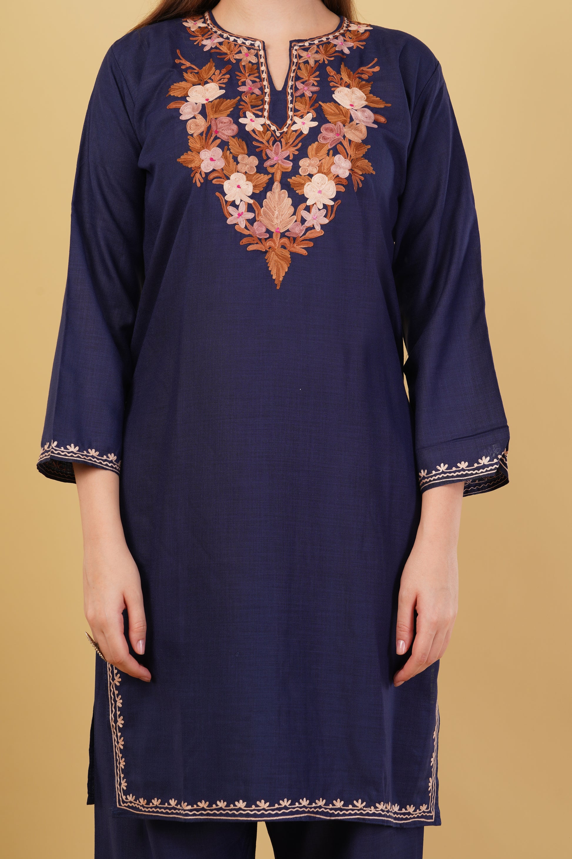 Kashmiri Aari embroidery Cotton Co-ord set Size-42 (Navy Blue)