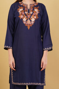 Kashmiri Aari embroidery Cotton Co-ord set Size-42 (Navy Blue)