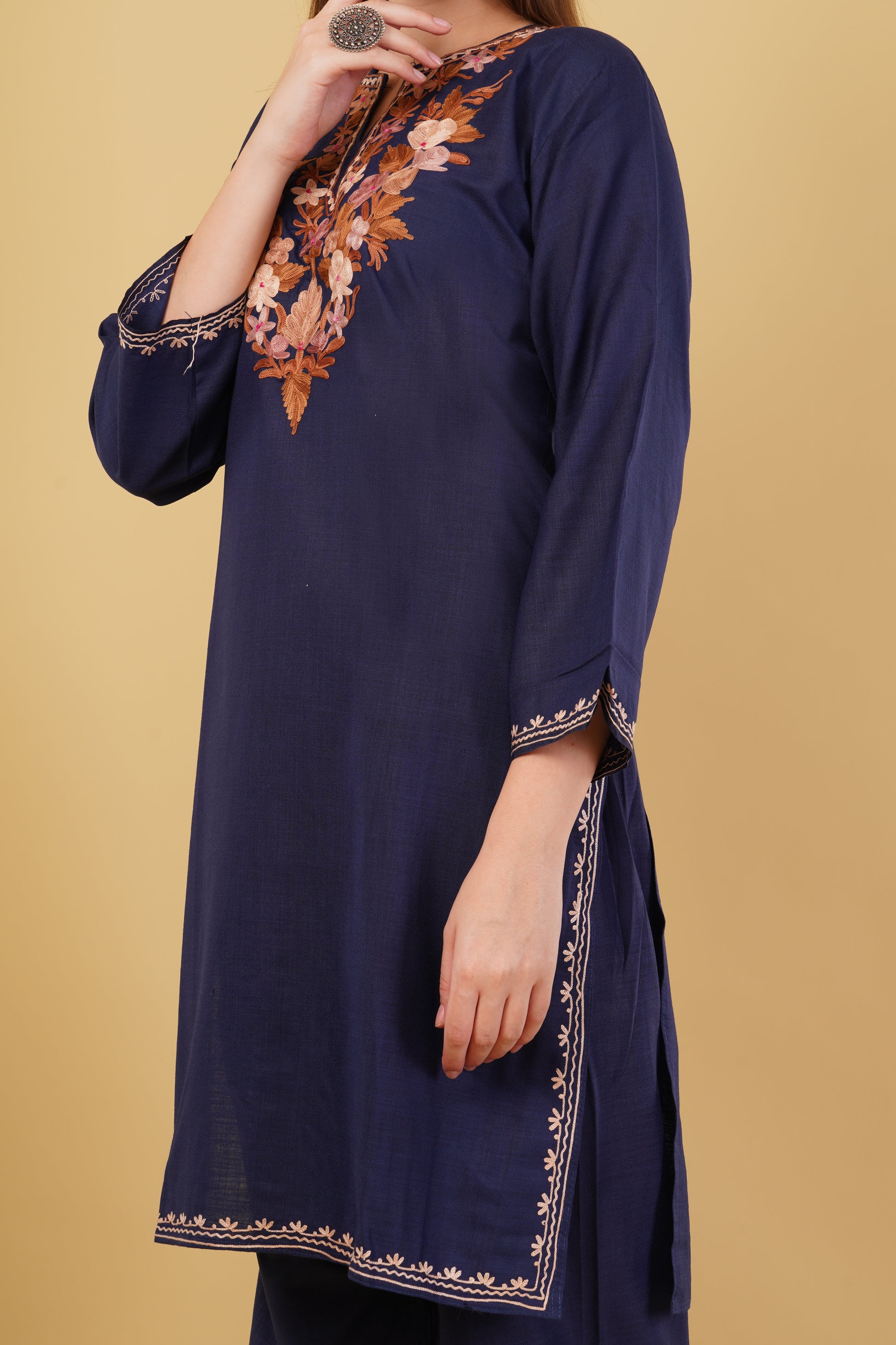 Kashmiri Aari embroidery Cotton Co-ord set Size-42 (Navy Blue)