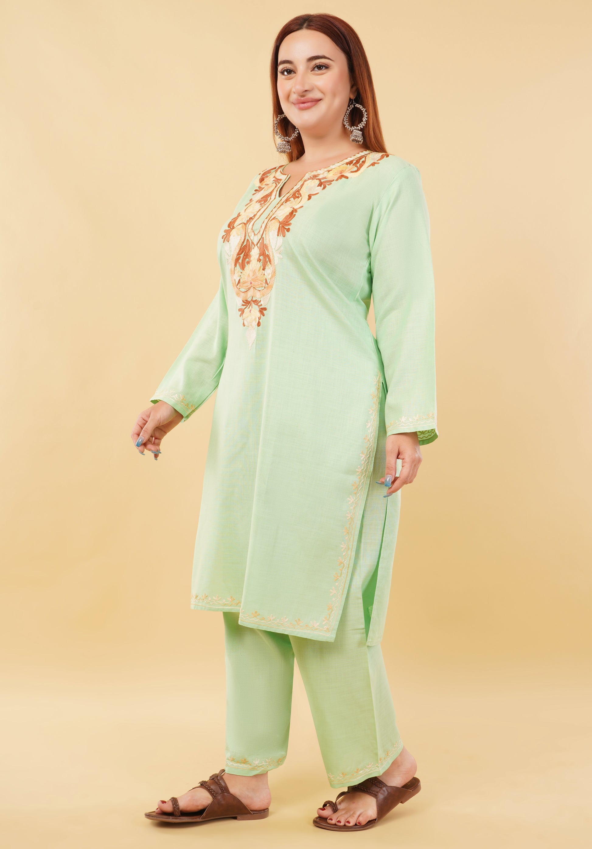 Kashmiri Aari embroidery Cotton Co-ord set Size-46 (Green)
