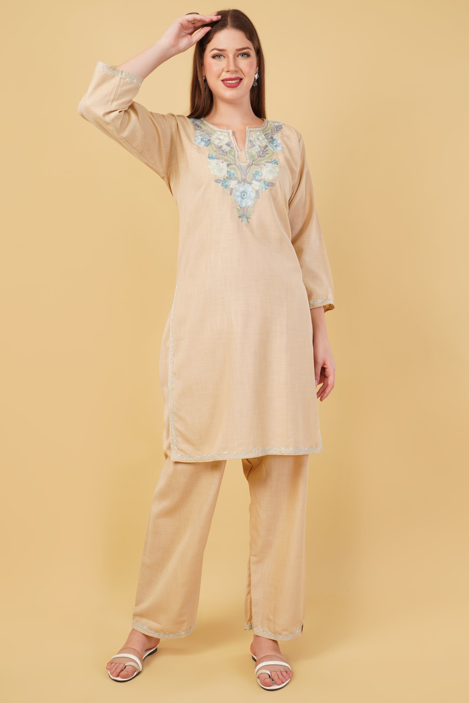 Kashmiri Aari embroidery Cotton Co-ord set Size-42 (Beige)