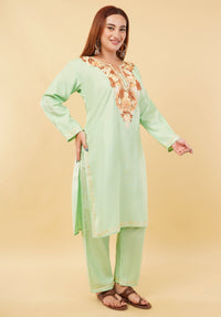 Kashmiri Aari embroidery Cotton Co-ord set Size-46 (Green)