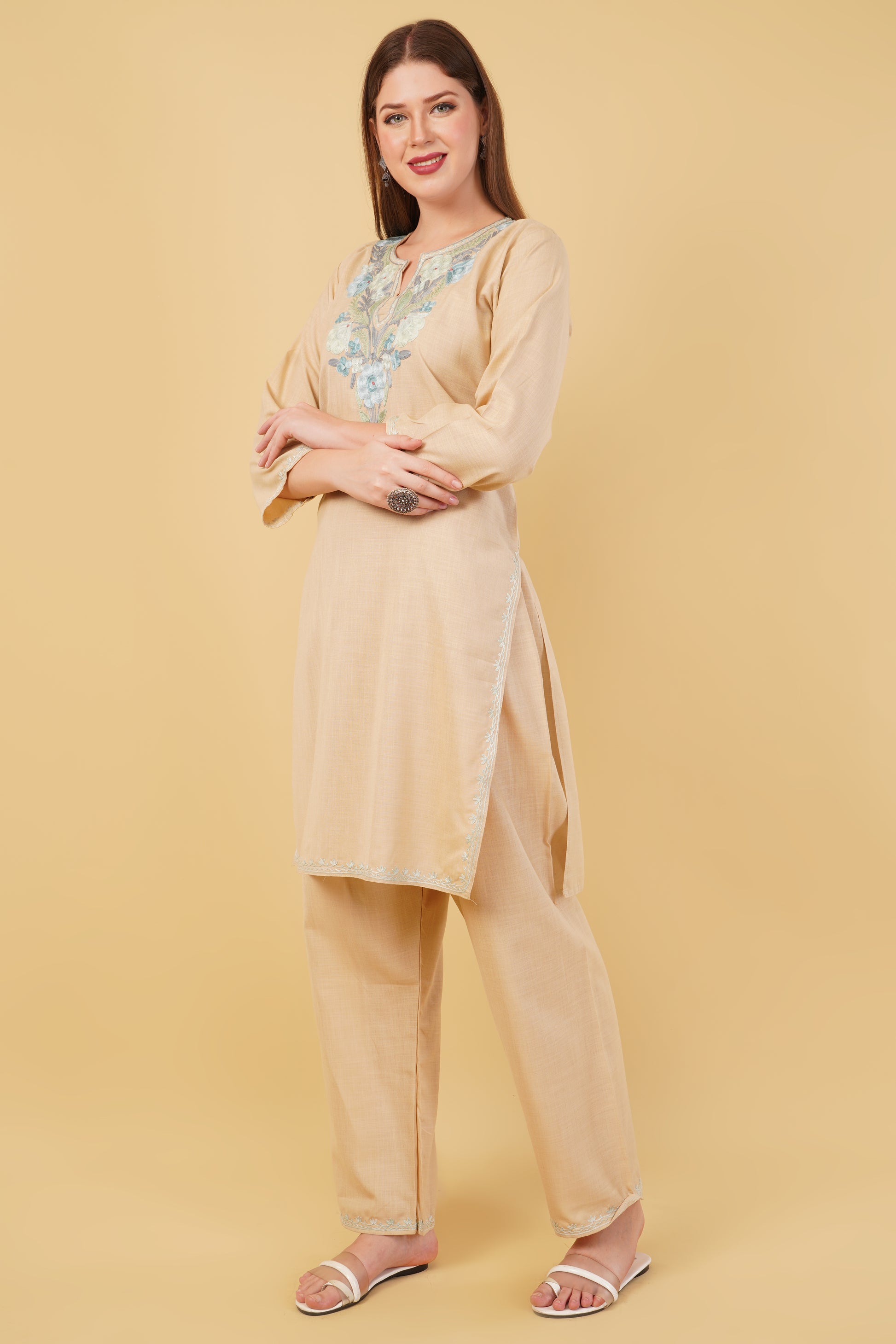 Kashmiri Aari embroidery Cotton Co-ord set Size-42 (Beige)