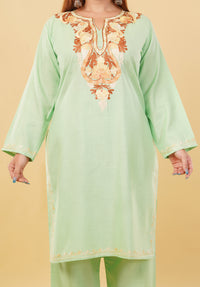 Kashmiri Aari embroidery Cotton Co-ord set Size-46 (Green)