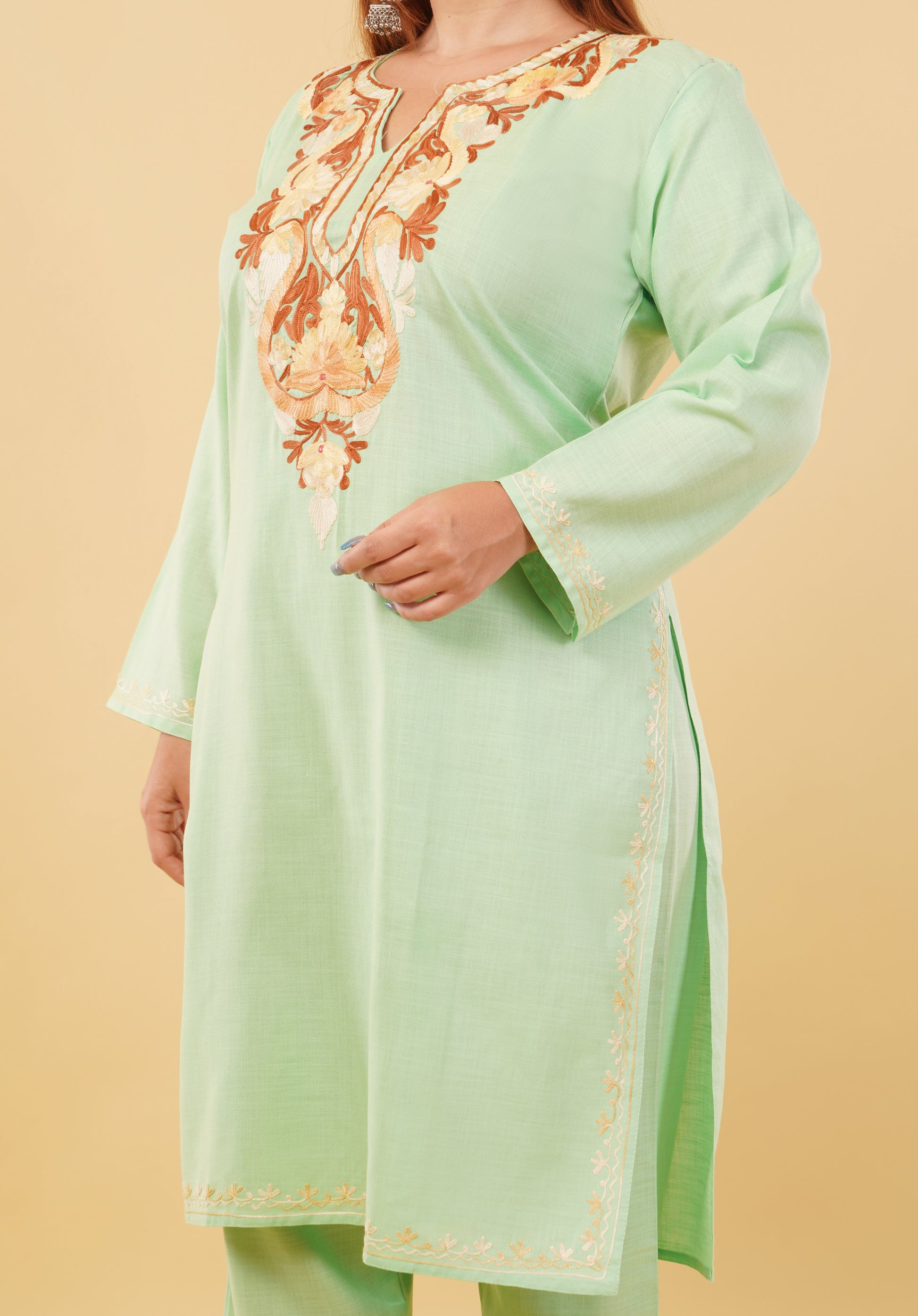 Kashmiri Aari embroidery Cotton Co-ord set Size-46 (Green)