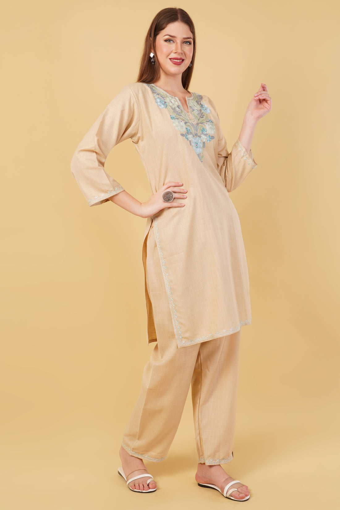 Kashmiri Aari embroidery Cotton Co-ord set Size-42 (Beige)