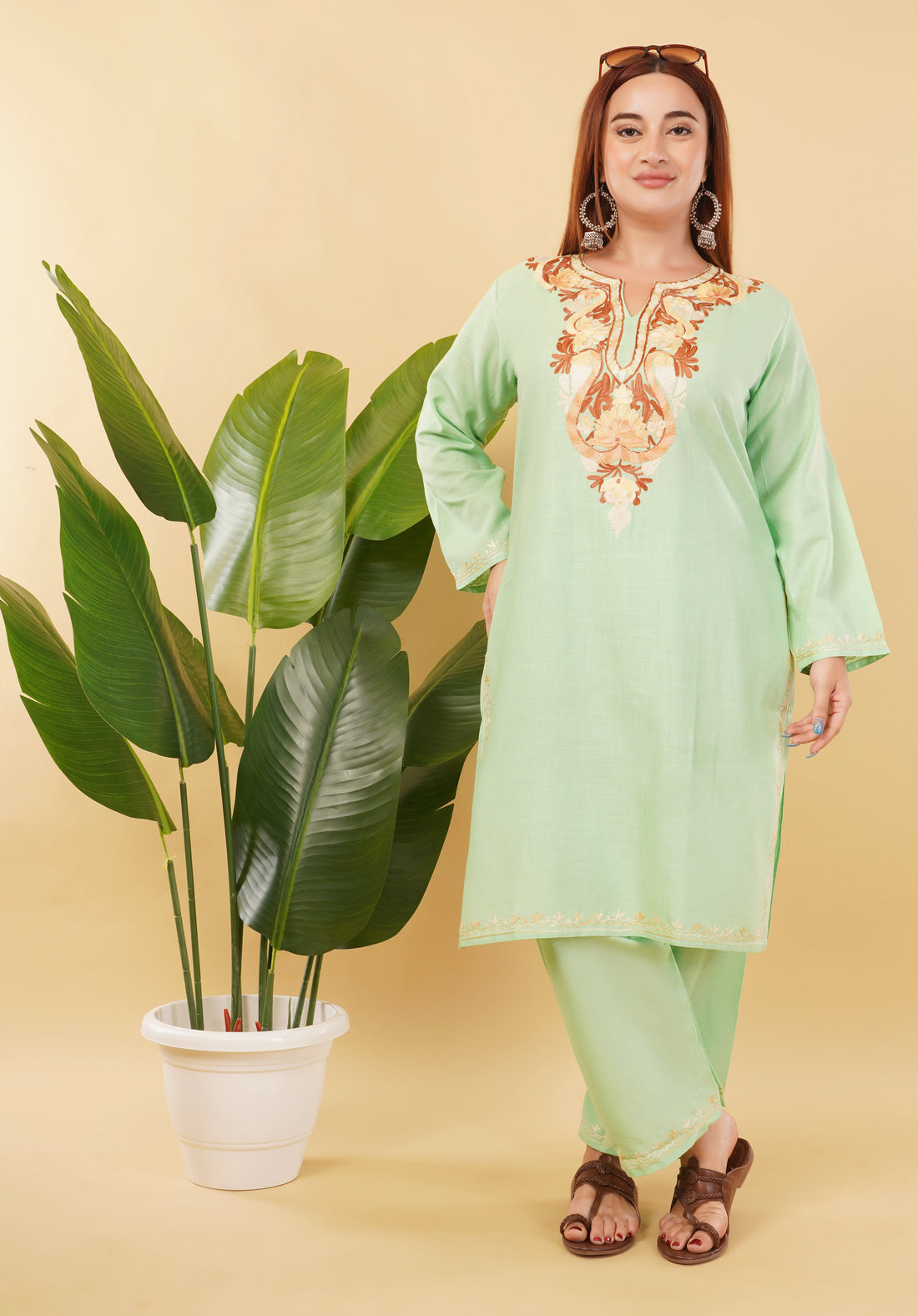 Kashmiri Aari embroidery Cotton Co-ord set Size-46 (Green)