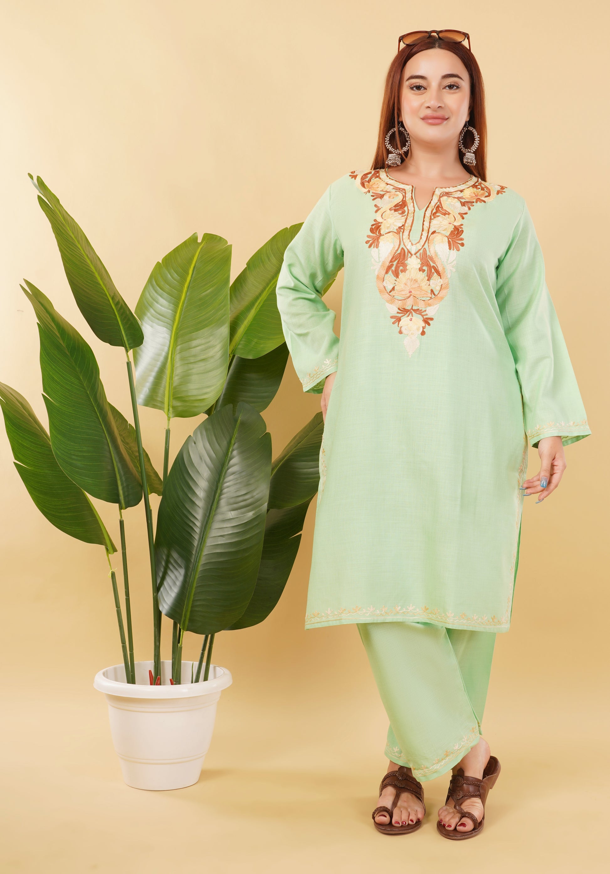 Kashmiri Aari embroidery Cotton Co-ord set Size-46 (Green)
