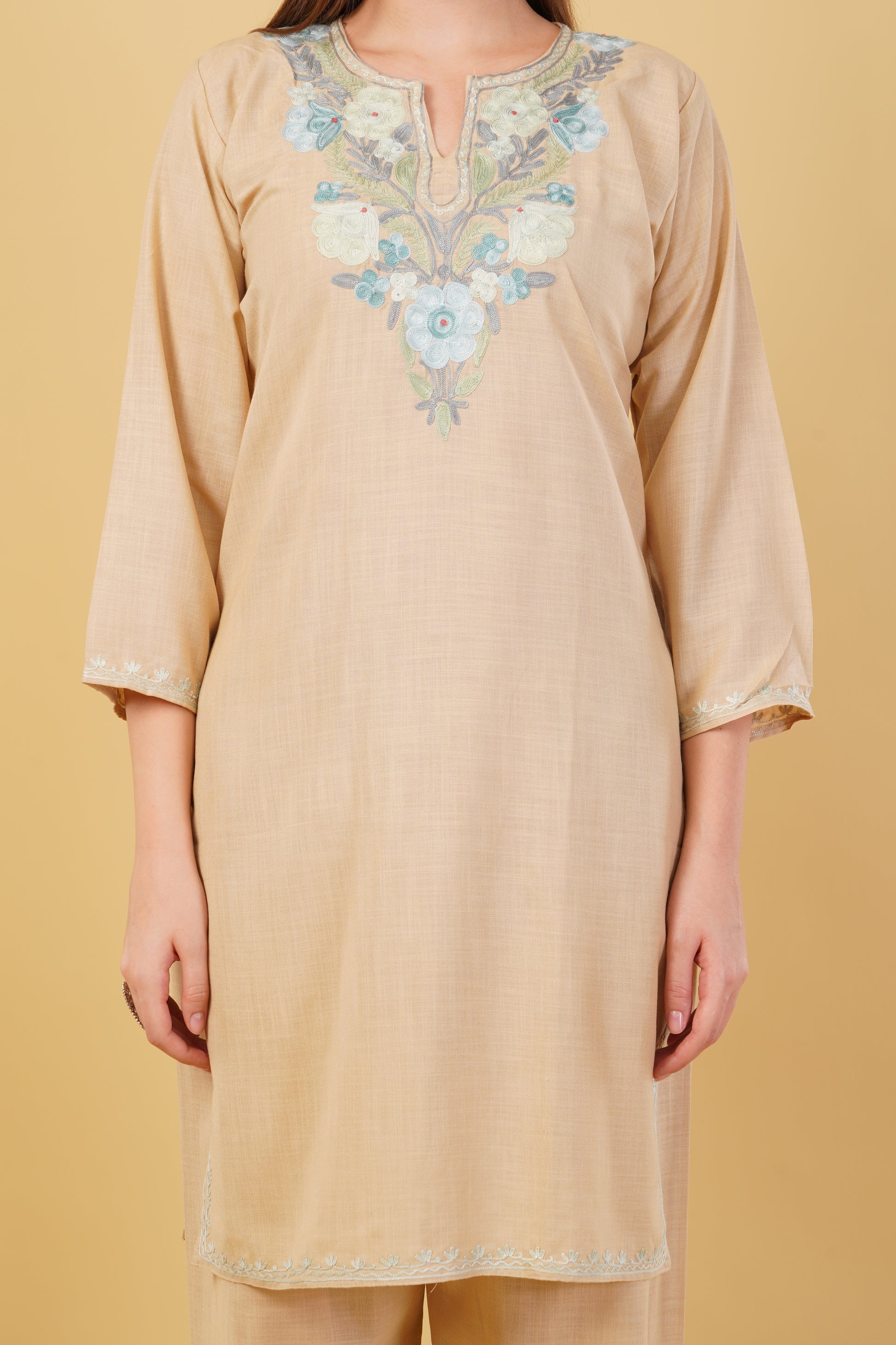 Kashmiri Aari embroidery Cotton Co-ord set Size-42 (Beige)