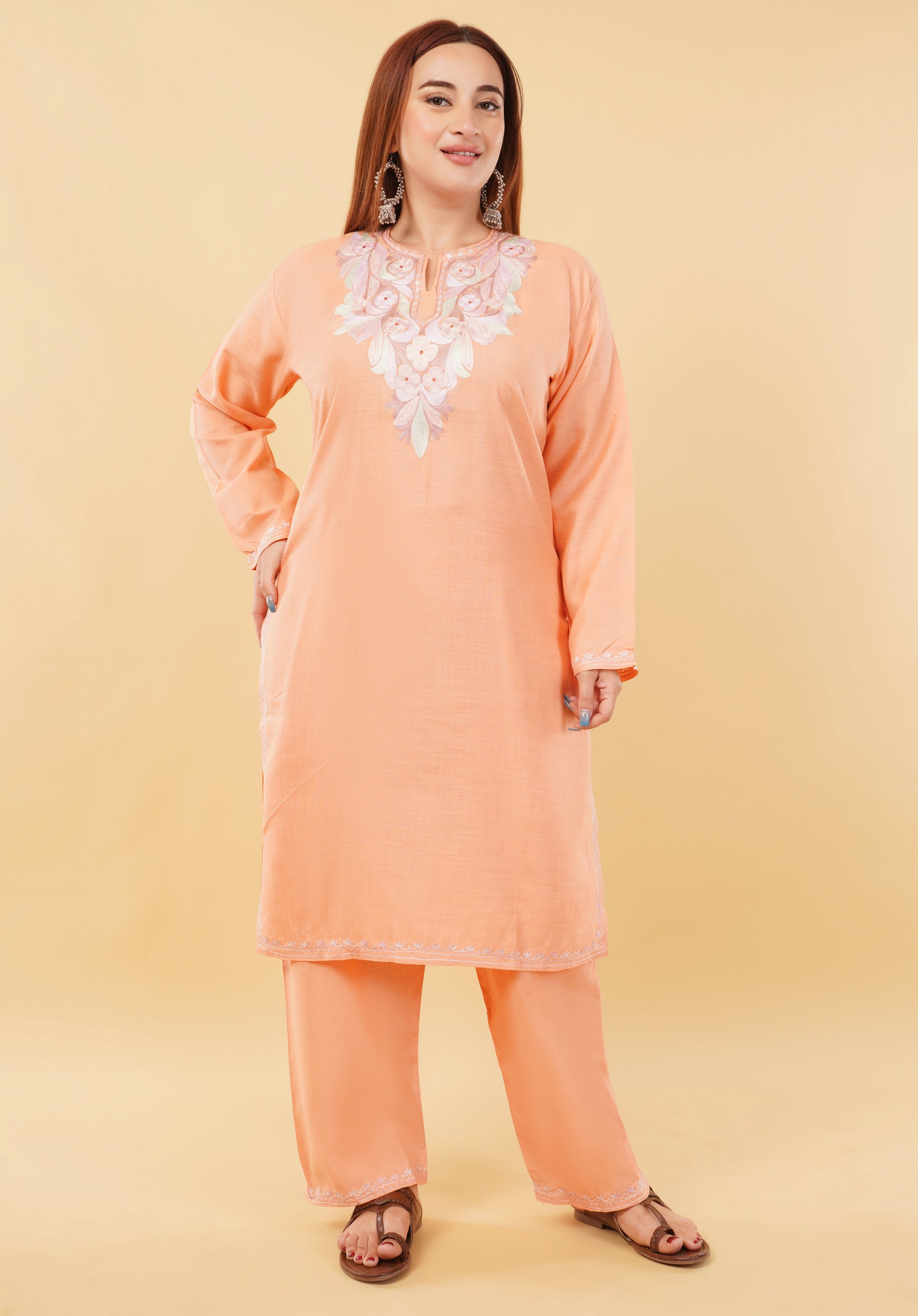 Kashmiri Aari embroidery Cotton Co-ord set Size-46 (Peach)
