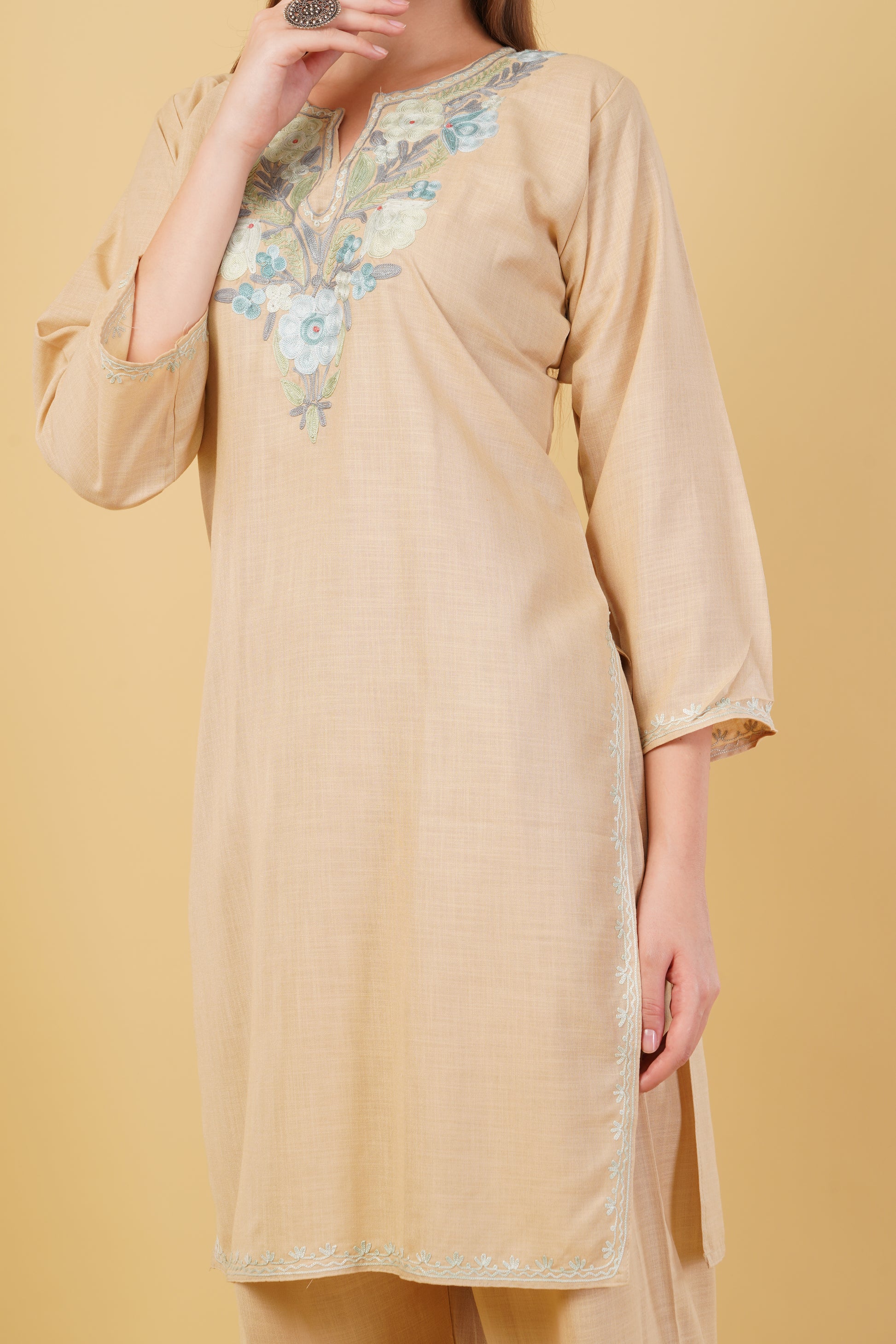 Kashmiri Aari embroidery Cotton Co-ord set Size-42 (Beige)