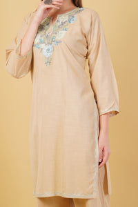 Kashmiri Aari embroidery Cotton Co-ord set Size-42 (Beige)