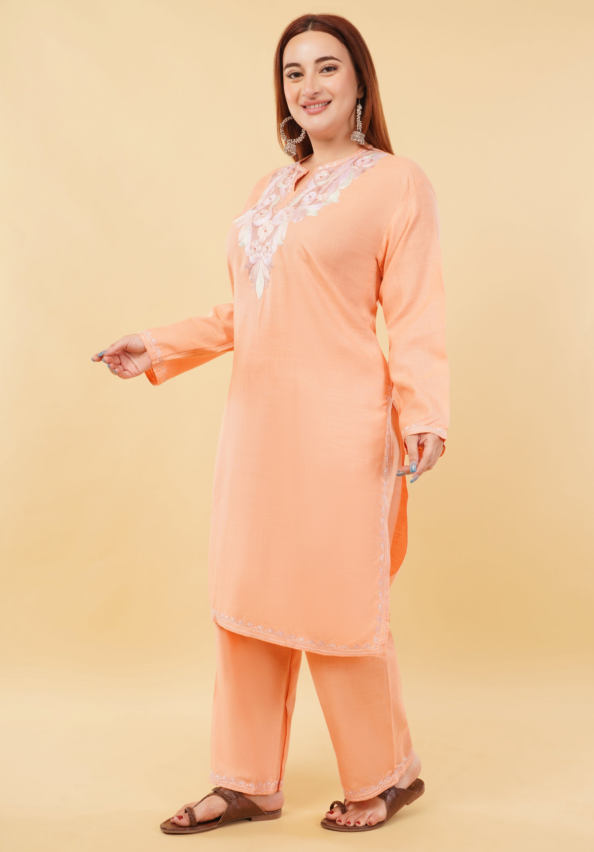 Kashmiri Aari embroidery Cotton Co-ord set Size-46 (Peach)