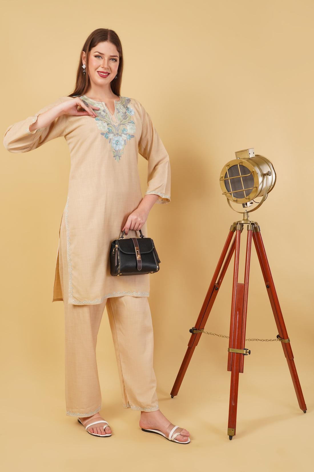 Kashmiri Aari embroidery Cotton Co-ord set Size-42 (Beige)
