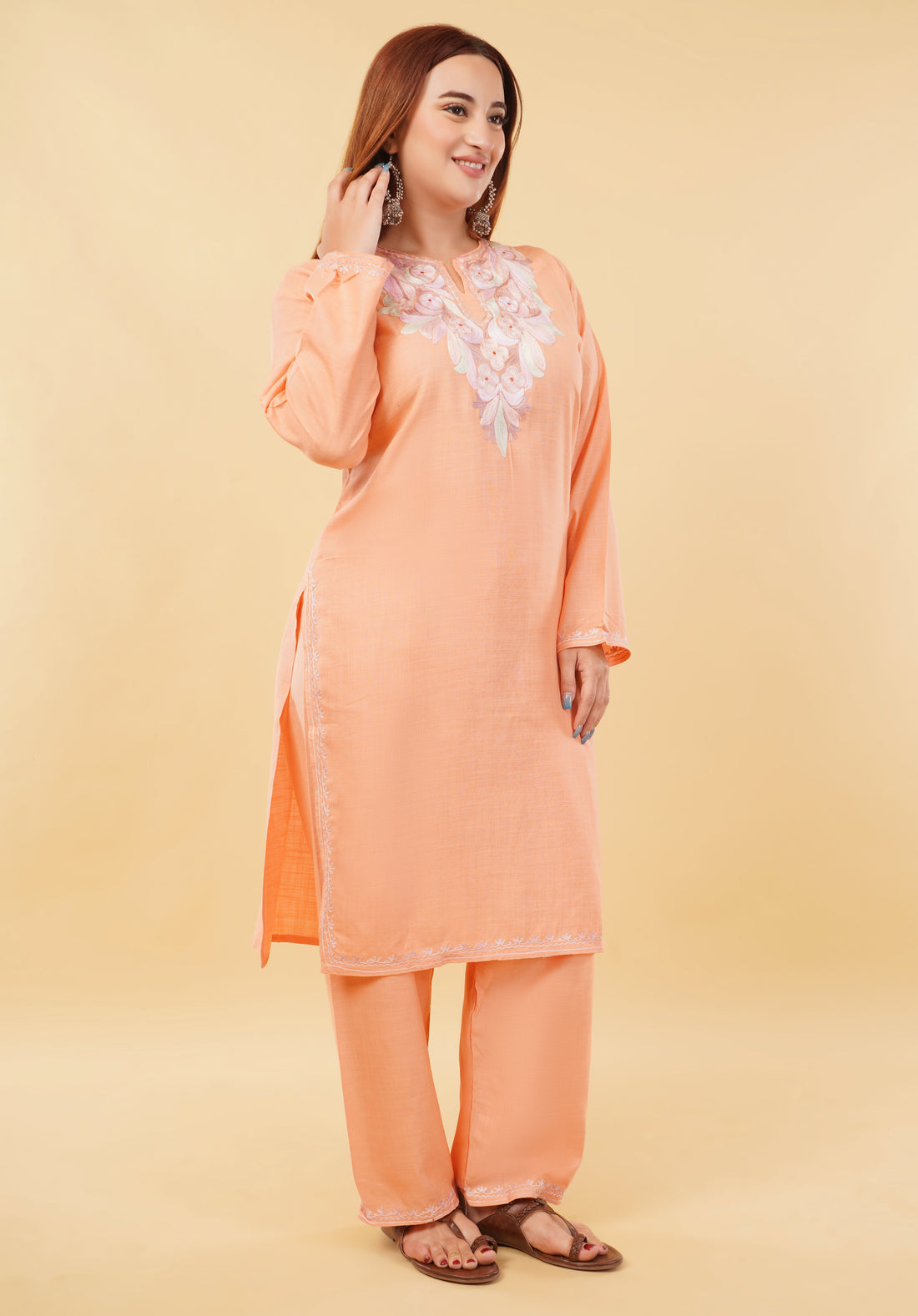 Kashmiri Aari embroidery Cotton Co-ord set Size-46 (Peach)
