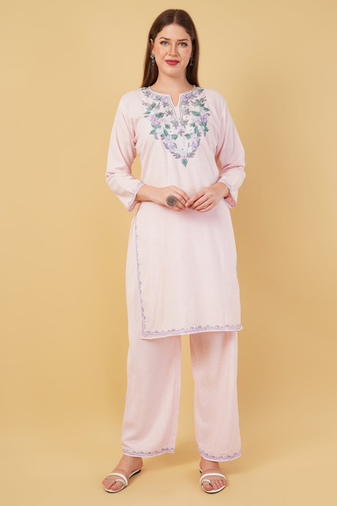 Kashmiri Aari embroidery Cotton Co-ord set Size-42 (Baby Pink)