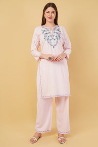 Kashmiri Aari embroidery Cotton Co-ord set Size-42 (Baby Pink)