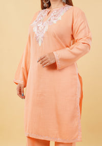 Kashmiri Aari embroidery Cotton Co-ord set Size-46 (Peach)