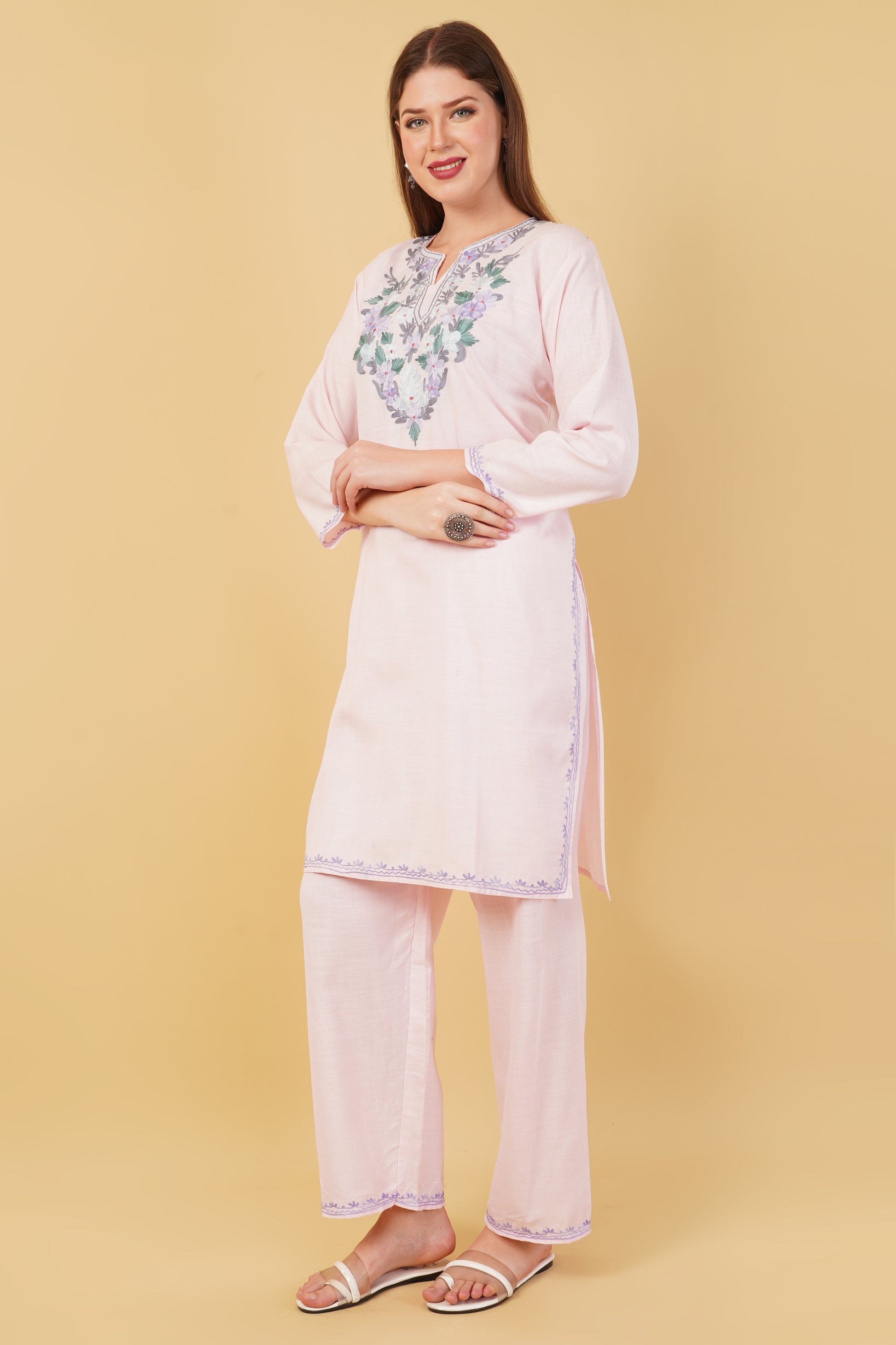 Kashmiri Aari embroidery Cotton Co-ord set Size-42 (Baby Pink)