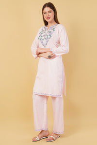 Kashmiri Aari embroidery Cotton Co-ord set Size-42 (Baby Pink)