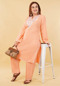 Kashmiri Aari embroidery Cotton Co-ord set Size-46 (Peach)