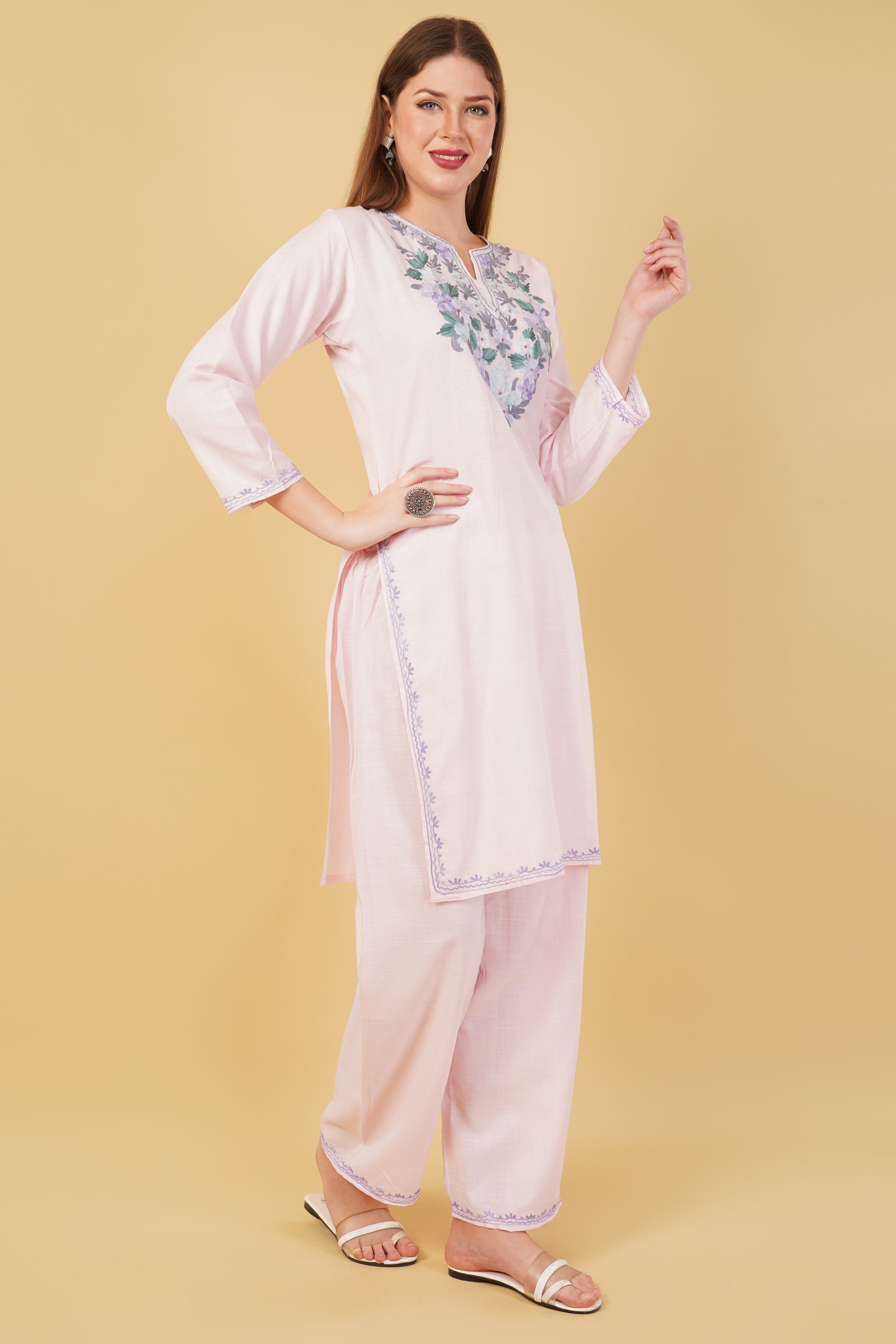 Kashmiri Aari embroidery Cotton Co-ord set Size-42 (Baby Pink)
