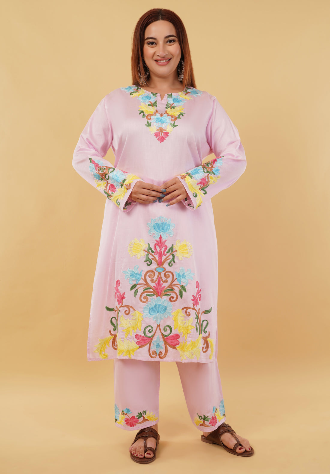 Kashmiri Aari embroidery Jaam Cotton Co-ord set Size-48 (Pink)
