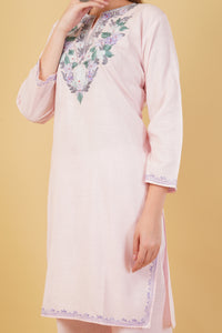 Kashmiri Aari embroidery Cotton Co-ord set Size-42 (Baby Pink)