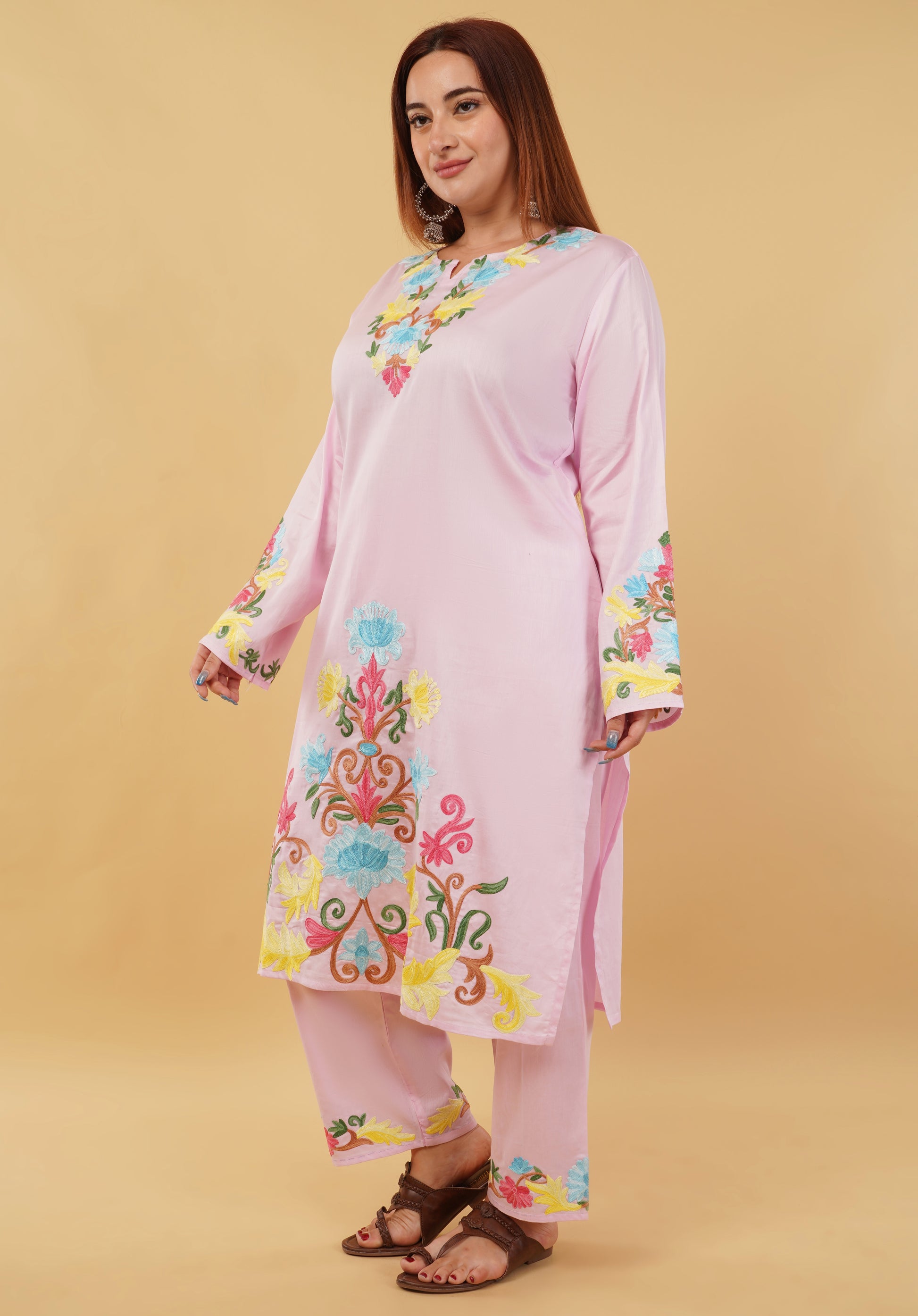 Kashmiri Aari embroidery Jaam Cotton Co-ord set Size-48 (Pink)
