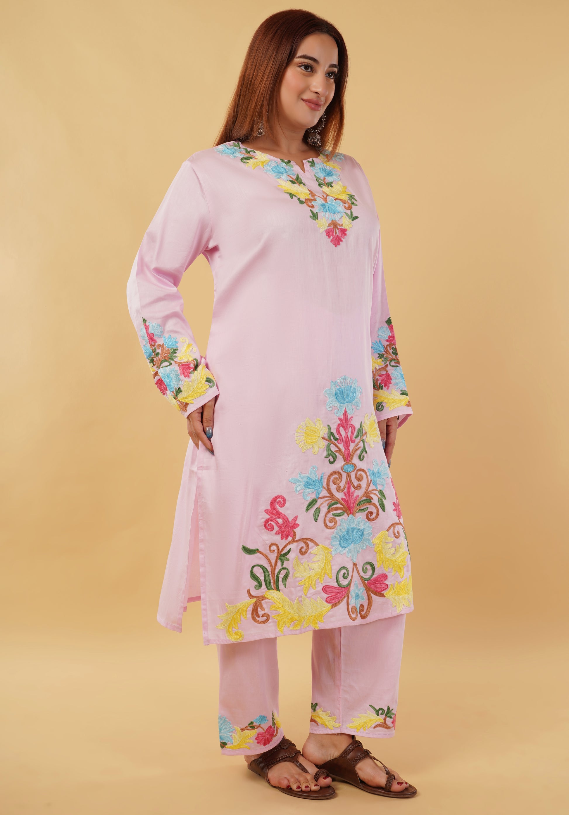 Kashmiri Aari embroidery Jaam Cotton Co-ord set Size-48 (Pink)