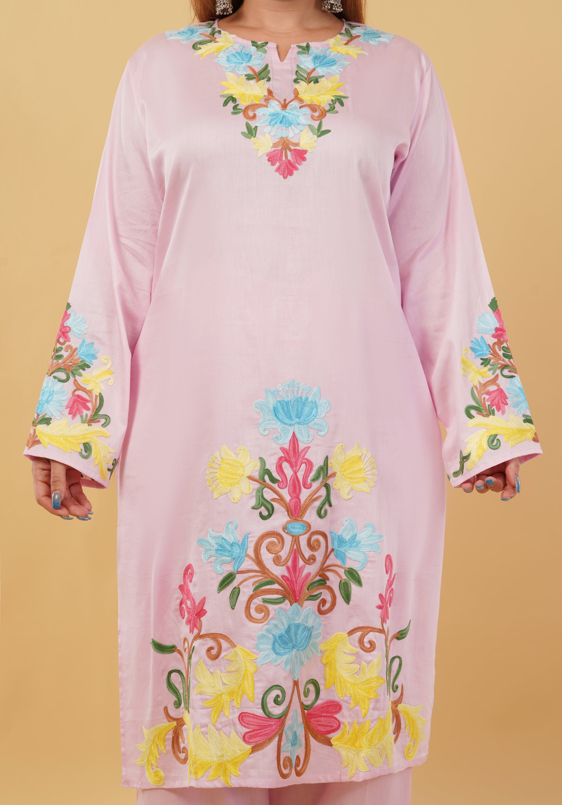 Kashmiri Aari embroidery Jaam Cotton Co-ord set Size-48 (Pink)