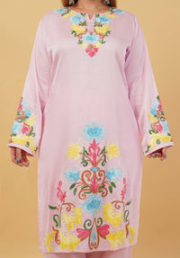 Kashmiri Aari embroidery Jaam Cotton Co-ord set Size-48 (Pink)