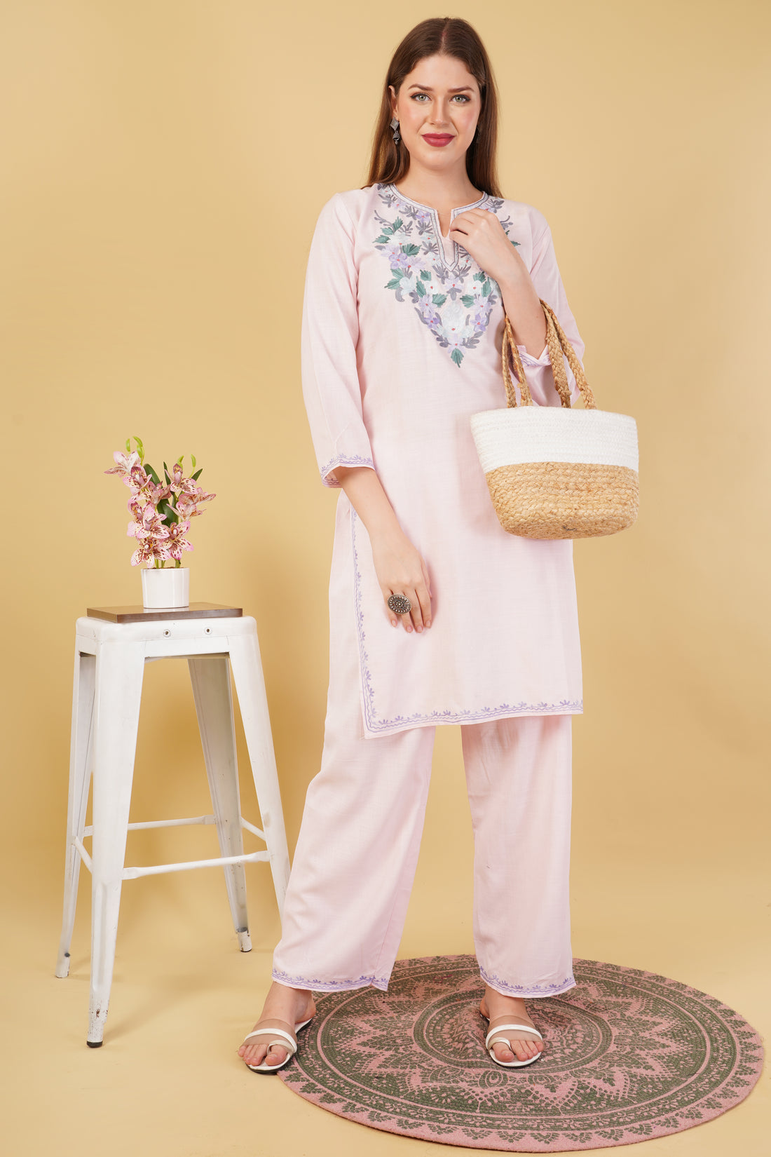 Kashmiri Aari embroidery Cotton Co-ord set Size-42 (Baby Pink)