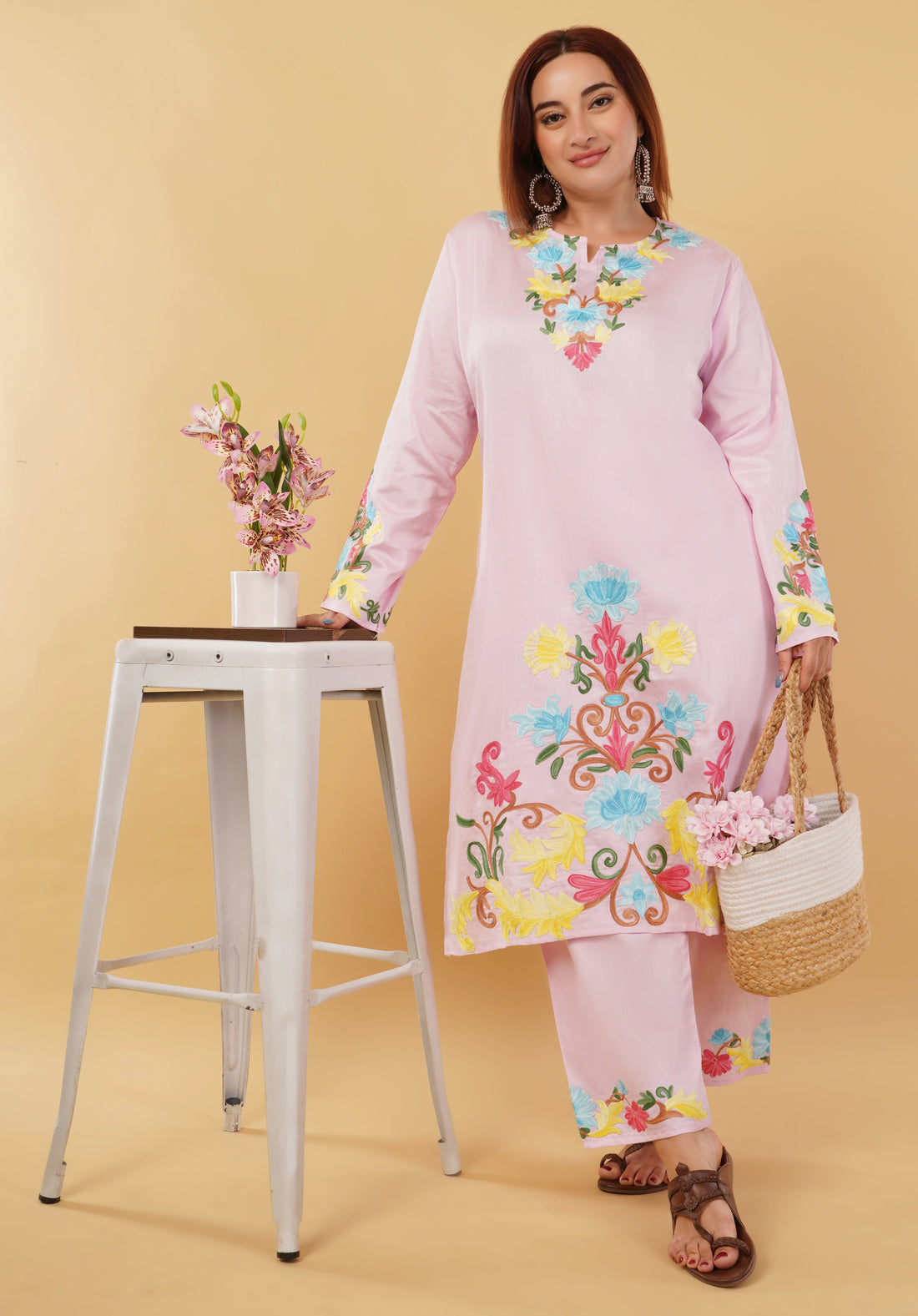 Kashmiri Aari embroidery Jaam Cotton Co-ord set Size-48 (Pink)