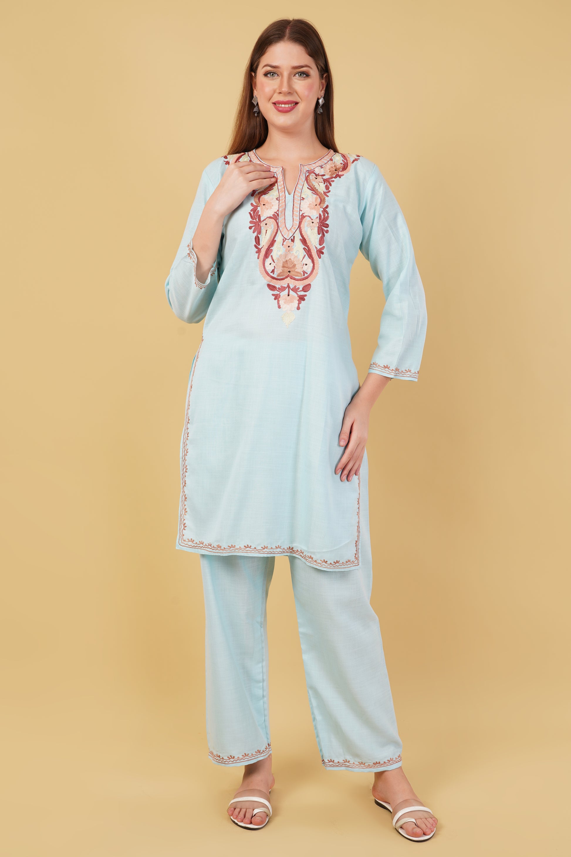 Kashmiri Aari embroidery Cotton Co-ord set Size-42 (Sky Blue)