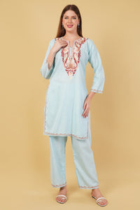 Kashmiri Aari embroidery Cotton Co-ord set Size-42 (Sky Blue)