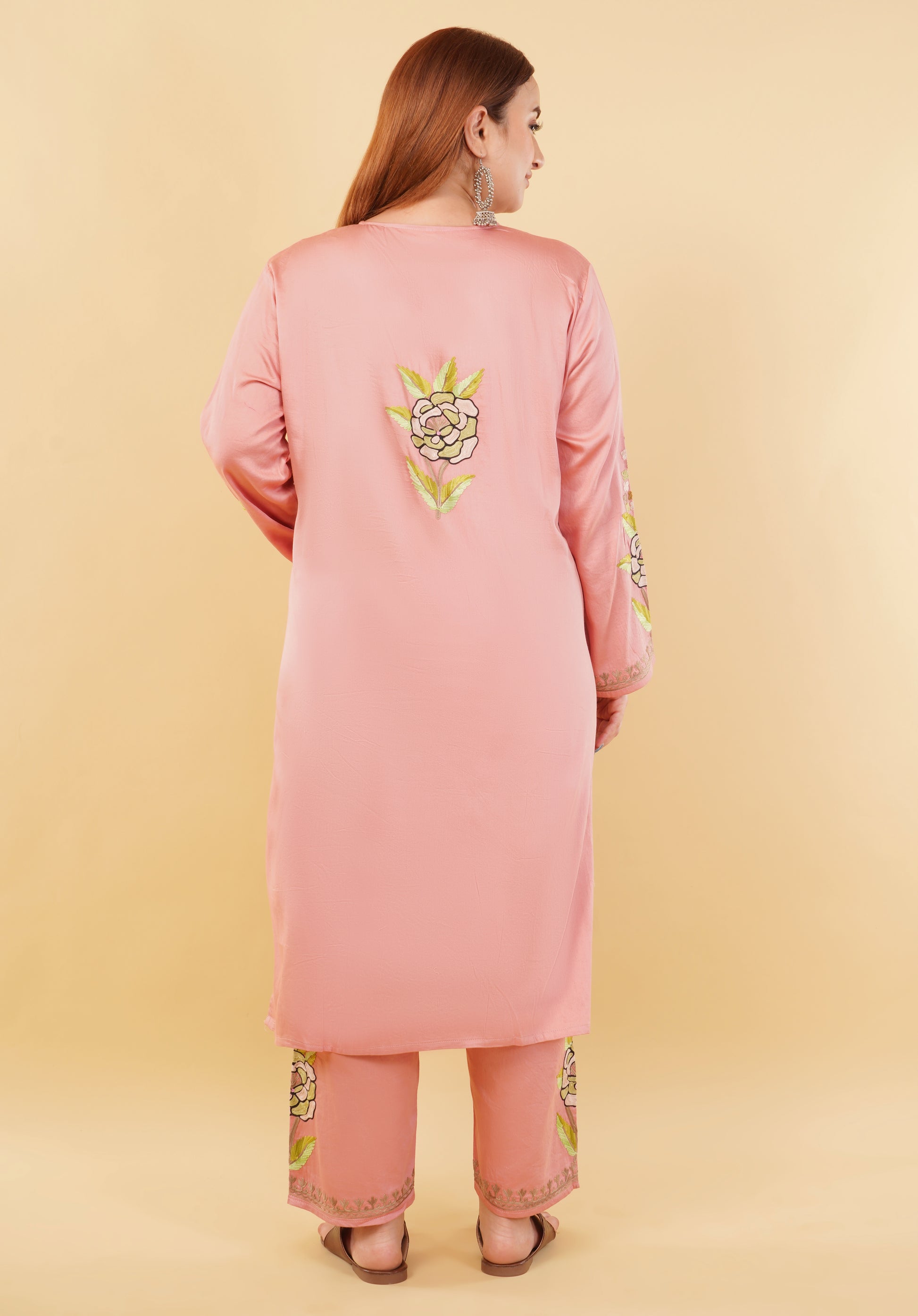 Kashmiri Aari embroidery Jaam Cotton Co-ord set Size-48 (Salmon Pink)