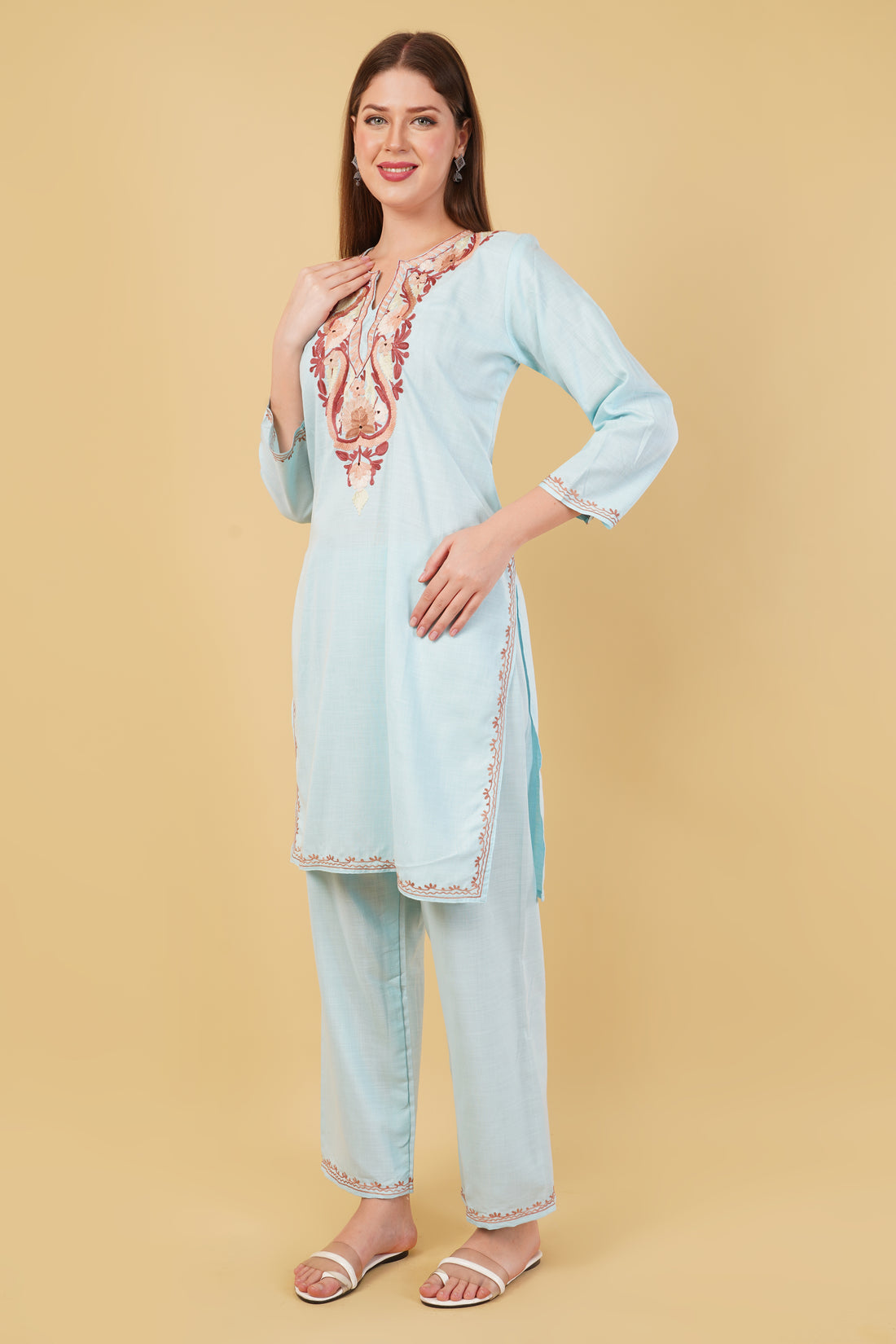 Kashmiri Aari embroidery Cotton Co-ord set Size-42 (Sky Blue)