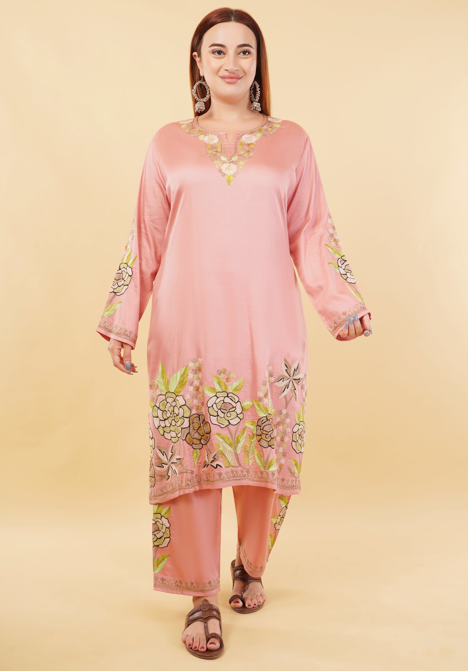 Kashmiri Aari embroidery Jaam Cotton Co-ord set Size-48 (Salmon Pink)